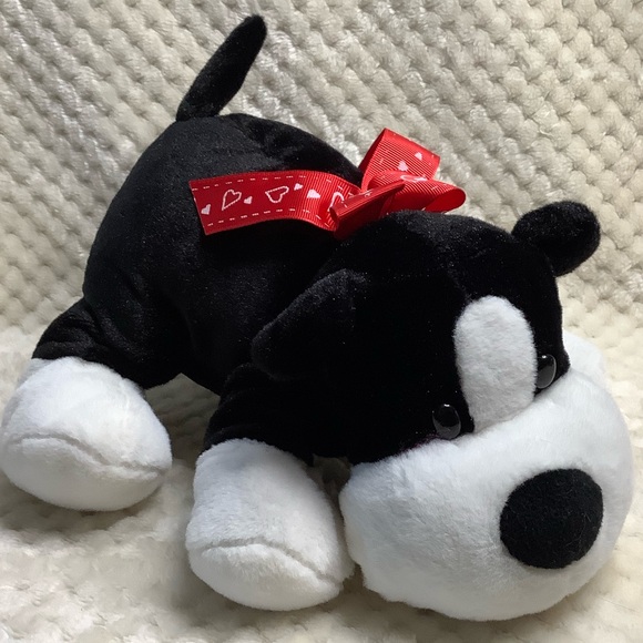 Loblaws Black and White Plush Puppy Dog with Red Heart Ribbon Stuffed Animal Toy - Picture 2 of 14